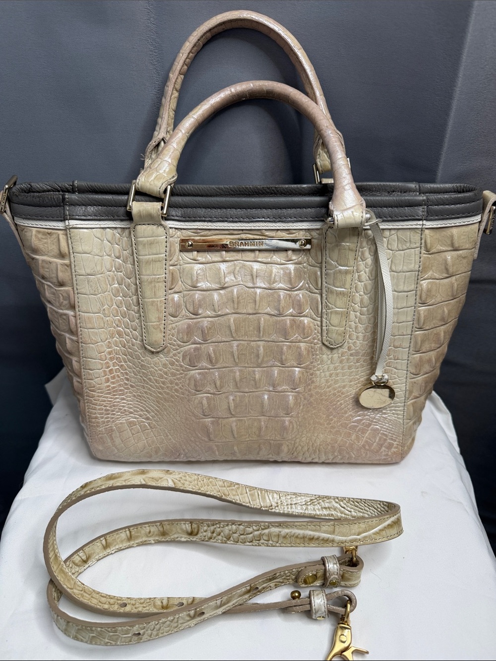 Brahmin Mini Asher Tricolor Croc-Embossed Beige Tote with Gold Hardware